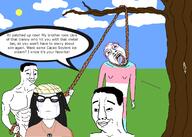 anti_anti_soytan bandages bar bloodshot_eyes closed_mouth crying injury metal muscles open_mouth pole rope soyjak suicide swabag tongue tree variant:bernd variant:chudjak variant:soytan wholesome // 2100x1500 // 298.8KB