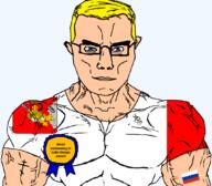 arm aryan award blue_eyes buff christianity chud closed_mouth clothes cross eastern_orthodox flag flag:russia flag:volgoda_oblast glasses hair lake lake_onega looking_at_you orthodox_cross russia subvariant:chudjak_front subvariant:muscular_chud swimming text transparent transparent_background tshirt variant:chudjak vein vologda_oblast yellow_hair // 1059x929 // 84.5KB
