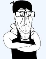 arm artist:crimsonvoidhydra1488 beard clothes crossed_arms glasses hair omori smug subvariant:euromutt sunny_(omori) variant:markiplier_soyjak // 452x578 // 28.2KB