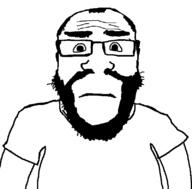 arm balding beard closed_mouth clothes glasses looking_at_you neutral soyjak subvariant:science_lover template thick_eyebrows torso variant:markiplier_soyjak white_shirt // 800x789 // 14.5KB