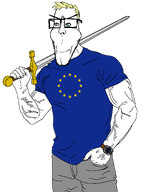 blond blue_eyes blue_shirt buff closed_mouth clothes european flag:european_union glasses hair hand_in_pocket holding_object holding_sword smile smug soyjak stubble subvariant:euroaryan subvariant:euromutt sword transparent_background tshirt variant:markiplier_soyjak vein watch weapon white_skin yellow_hair // 1514x1956 // 154.3KB