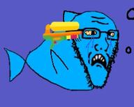 ack bloodshot_eyes blue_background blue_skin fish gills glasses gun gun_to_head holding_gun imminent_death imminent_suicide meta:low_resolution open_mouth soyjak stubble subvariant:bleepfish suicide variant:soyak water water_gun // 255x205 // 30.8KB