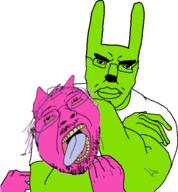 2_gay_cats 2soyjaks animal_ears arm bloodshot_eyes buff choke_hold chud clothes ear glasses green_skin hair hand headlock hoops_and_yoyo makeup mustache open_mouth pink_skin purple_hair soyjak strangling stubble subvariant:chudjak_front the_weak_should_fear_the_strong tongue tranny tshirt variant:bernd variant:chudjak yoyo // 496x534 // 82.9KB