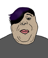 black_hair brown_skin closed_mouth clothes emo_hair eyebrows fat goth grey_shirt hair lip_piercing lips makeup nose_piercing nose_ring piercing soyjak stubble transparent_background tshirt variant:alicia