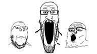3soyjaks animated bald call_of_duty frown gamer gaming glasses mlg open_mouth screaming sound soyjak stretched_mouth stubble trend:soyjak_trio variant:gapejak variant:markiplier_soyjak variant:tony_soprano_soyjak video video_game white_background white_skin wombo_combo yelling // 1280x720, 12.6s // 3.3MB