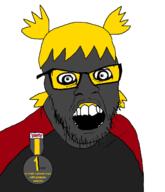 4chan anime badge clothes crazed female glasses grey_skin hair mustache nate open_mouth soot soot_colors soyjak soyjak_party stubble text tshirt variant:feraljak yellow_hair yotsoyba // 1400x1630 // 382.0KB