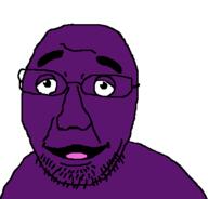 bald eyebrows glasses grimace grimace_(mcdonalds) looking_at_you mcdonalds no_teeth purple purple_skin smile soyjak stubble variant:groomjak wrinkles // 433x415 // 12.8KB