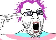 clothes firearm flag glasses gun hair hand holding_gun holding_object holding_pistol makeup open_mouth peaky_blinders purple_hair soyjak stubble suicide thomas_shelby tranny tv_(4chan) variant:peakyjak weapon // 1400x1019 // 330.7KB