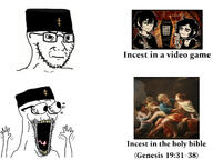 angry beard bible bible_verse bulging_eyes christian_cross christianity clothes excited eyes genesis_(bible) glasses hand hands_up hat incest lot no_glasses open_mouth painting teeth the_coffin_of_andy_and_leyley tongue variant:soyak // 1280x963 // 219.9KB