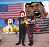 2soyjaks beard biting_lip black_skin blush clown hair irl_background kanye_west kris_kane mcdonalds open_mouth ronald_mcdonald soyjak subvariant:hornyson variant:cobson // 1080x1021 // 1.1MB