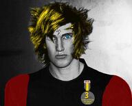 badge black_shirt blond blue_eyes clothes nas:gigachad nate red_shirt soyjak subnas:der_coomer trend:aryan