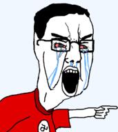 arm bloodshot_eyes clothes crying glasses hair hand nazism open_mouth pointing soyjak swastika template text tshirt variant:chudjak // 680x762 // 76.7KB
