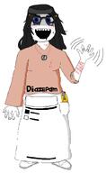 avengers beanie blue_eyes blush clothes dress eyelashes female full_body glasses hair hat long_hair necklace no_nose open_mouth shoe variant:soytan wave waving blood box_cutter drool messy_hair self_harm sweating // 1352x2196 // 155.0KB