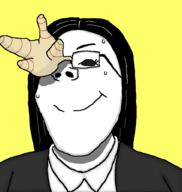 clothes coral coral_glasses ena ena_bbq female girl glasses hair long_hair meta:doesnt_know_how_shadows_work_award shadow subvariant:gapejak_female suit variant:gapejak woman yellow yellow_background // 940x992 // 63.3KB