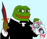 amphibian beheading blood bloodshot_eyes frog furry furslutta holding_severed_head knife nas:pepe pepe_the_frog smile subvariant:trannyfur transgender_flag tuxedo variant:bernd // 512x418 // 148.0KB