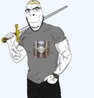 1973 album_cover black_pants brain_salad_surgery_(emerson_lake_and_palmer_album) buff clothes emerson_lake_and_palmer glasses grey_shirt h_r_giger holding_object holding_sword music prog_rock soyjak stubble sword transparent_background trend:aryan tshirt variant:cobson vein watch weapon yellow_hair // 1834x1910 // 310.0KB