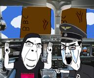 2soyjaks 9_11 airplane arm bbc beavis_and_butthead bloodshot_eyes clothes crying drawn_background glasses hand hands_up hat irl_background my_bloody_valentine nazism open_mouth pointing queen_of_spades smile soyjak stubble tattoo tshirt variant:chudjak variant:cobson // 945x787 // 514.9KB