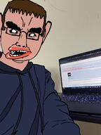 amerimutt arm artist:dap_chhuon ascence_(user) black_sclera brown_skin clothes computer ear eyebrows glasses hair hoodie joel_(user) lips looking_at_you meta:namefags mutt nose shading shadow subvariant:chudjak_front teeth traced variant:chudjak wrinklesl // 960x1280 // 474.9KB