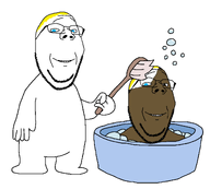 2soyjaks bath beard black_hair black_skin blond blue_eyes brown_skin brush bubble forehead_lines full_body glasses grin holding_object nigger smile stubble subvariant:wholesome_soyjak teeth trend:aryan variant:gapejak white_background white_skin wholesome yellow_hair // 1945x1751 // 151.5KB