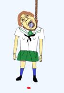 ack anime arm blood bloodshot_eyes brown_hair clothes crying girls_und_panzer glasses hair hand hanging leg open_mouth rope skirt soyjak suicide variant:bernd yellow_skin // 2012x2908 // 463.1KB