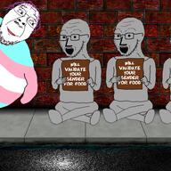 bald brick brick_wall bricks fat flag flag:transgender_pride_flag glasses grey grey_skin hair hand lips lipstick looking_to_the_right npc open_mouth purple_hair road sidewalk sign sitting smile soyjak stubble subvariant:npc_soyak text tranny variant:bernd variant:soyak // 774x773 // 652.0KB