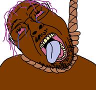 ack bloodshot_eyes brown_skin brown_troonjak crying death glasses hair hanging looking_up meta:op_took_a_selfie_of_xerself mustache noose open_mouth purple_hair rope series:gigachadhero's_colorful_troonjaks soyjak stubble suicide tongue tongue_out tranny variant:bernd white_background // 768x719 // 29.7KB