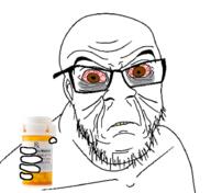 angry animated bloodshot_eyes brown_eyes ear giving glasses hand holding_object meds soyjak stubble variant:feraljak // 924x845 // 1.7MB