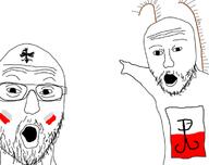 2soyjaks arm clothes eagle flag flag:poland glasses hand hussar open_mouth pointing poland soyjak stubble tshirt variant:two_pointing_soyjaks wing // 750x593 // 139.8KB