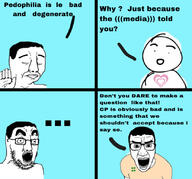 4chan angry child_sexual_abuse_material closed_eyes closed_mouth clothes glasses hand open_mouth pedophile soyjak stubble text thick_eyebrows tshirt variant:chudjak variant:chudjak2 variant:el_perro_rabioso // 828x774 // 143.3KB
