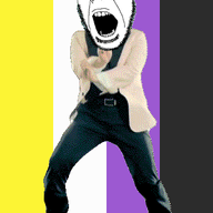 animated dance flag flag:non-binary_pride_flag full_body gangnam_style glasses irl non-binary open_mouth pride_flag push_pin soyjak sticky stubble variant:cobson // 300x460 // 287.4KB