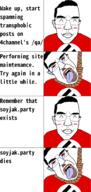 4chan ^_^ anime anti_soyjak bloodshot_eyes blush closed_eyes closed_mouth clothes crying glasses hair meme nazism open_mouth pol_(4chan) qa_(4chan) rope smile soyjak soyjak_party subvariant:patrick suicide swastika text tongue variant:chudjak yellow_teeth // 966x2030 // 452.1KB