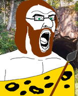 beard brown_hair cave caveman clothes glasses green_eyes hair irl_background open_mouth soyjak spear variant:imhotep // 800x991 // 411.9KB