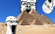 3soyjaks glasses irl_background mustache open_mouth pyramid soyjak stubble subvariant:wewjak variant:a24_slowburn_soyjak variant:soyak // 850x532 // 611.3KB