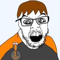 3 angry award badge booru brown_hair chud_(soybooru) clothes crazed dan hair open_mouth series:remastered_soyjaks soybooru soyjak stubble template variant:feraljak // 1025x1025 // 32.4KB