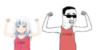anime arm chud closed_mouth clothes gawr_gura glasses hair hand hands_up hololive sleeveless_shirt smile soyjak sunglasses text variant:chudjak vtuber // 896x467 // 153.1KB