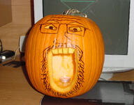 glasses irl open_mouth pumpkin soyjak stubble variant:markiplier_soyjak // 1448x1142 // 1009.9KB