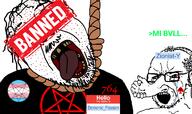 2soyjaks 764_(cult) ack acne banned_user black_shirt bloodshot_eyes clothes crying demonic_passion_(user) facial_mark flag:transgender_pride_flag greentext hair hanging happy_merchant hat hello_my_name_is_(sticker) jewish_nose judaism kike kippah looking_to_the_left mark_of_the_beast missing_teeth mustache namefag_drama noose open_mouth order_of_nine_angles pentagram queen_of_spades rope rotten_teeth satanism soyjak spade stubble suicide text tongue variant:bernd variant:soyak white_background yellow_teeth zionist-y_(namefag) // 1175x695 // 191.8KB