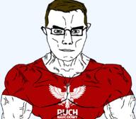 arm brown_hair buff closed_mouth clothes ear glasses hair looking_at_you nate nationalism polish polish_text red_eyes ruch_narodowy smile soyjak soyjak_party subvariant:chudjak_front subvariant:muscular_chud variant:chudjak vein // 1059x929 // 101.3KB