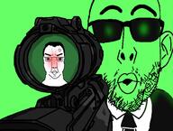 2soyjaks anger_mark angry central_intelligence_agency closed_mouth clothes ear firearm glasses glowie glowing green green_background gun hair holding_gun holding_object holding_rifle imminent_death necktie open_mouth red_face rifle scope sniper sniper_rifle soyjak stubble subvariant:chuddy suit sunglasses thick_eyebrows variant:chudjak variant:nojak weapon // 980x742 // 353.8KB