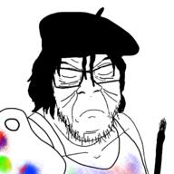 artist beret brush closed_eyes closed_mouth clothes glasses hair hat mustache paint paintbrush palette sleeveless_shirt soyjak stubble variant:feraljak wrinkles // 1500x1500 // 622.9KB