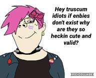 bait choker ear_piercing earring enbie female femjak flag:lesbian_pride_flag flag:transgender_pride_flag glasses hair happy jacket meme pic_collage pink_hair pooner short_hair smile subvariant:terryjak subvariant:wholesome_soyjak text tranny truscum tumblr variant:gapejak // 1177x960 // 318.2KB