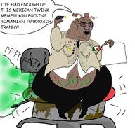 arm brain brown_skin clothes comic_sans country donald_trump fart fat firearm flag full_body glasses gun hand holding_gun holding_object holding_pistol horn leg map_(pedophile) mcdonalds mexican_twink mexico nazism open_mouth pedophile pistol poop small_brain soyjak speech_bubble suicide swastika text trend:slopjak variant:chudjak weapon // 2126x2029 // 942.7KB