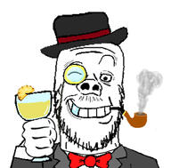 artist:toonsoy bowtie closed_eyes clothes diamond fancy fedora gem happy hat holding_bottle holding_object juice monocle pineapple pipe smug teeth variant:a24_slowburn_soyjak // 658x648 // 169.3KB