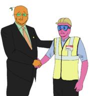 2soyjaks arm closed_eyes closed_mouth clothes doll_(user) froot glasses goggles hard_hat hat mustache necktie orange_skin pink_skin stubble suit the_office variant:unknown // 1218x1312 // 43.8KB