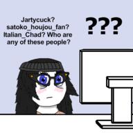 blue_eyes clothes computer confused female glasses hair italian_chad(namefag) jartycuck namefags satoko_houjou(namefag) soybooru variant:soytan // 400x400 // 54.9KB