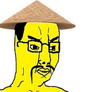 angry asian buck_teeth clothes fu_manchu_(mustache) glasses hair hat looking_to_the_right mustache rice_hat soyjak variant:chudjak white_background yellow_skin // 500x494 // 159.2KB