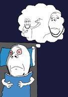 3soyjaks arm bed blanket bloodshot_eyes closed_mouth dream frown glasses grin hand holding_object nightmare pillow pointing sad soyjak stubble subvariant:wholesome_soyjak thought_bubble variant:gapejak variant:markiplier_soyjak // 852x1201 // 51.9KB