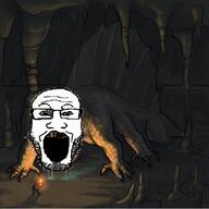 animal cave dinosaur distorted drool full_body glasses lightning open_mouth size_difference soyjak stubble torch variant:markiplier_soyjak // 600x601 // 309.3KB