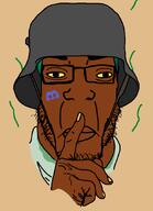 artist:dap_chhuon boyfriend_(friday_night_funkin') brown_skin closed_mouth clothes discord discord_logo_facial_mark eyebrows fnf_pedo glasses green_hair hair hand helmet lips looking_at_you military military_uniform nose poster propaganda save_evropa shushing stahlhelm stink_lines stinky stubble subvariant:chudplier sweating uniform variant:chudjak variant:markiplier_soyjak wrinkles yellow_sclera // 640x886 // 42.5KB