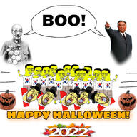 2022 angry arm asian bloodshot_eyes boo clenched_teeth clothes collar_tabs crying dead flag:south_korea full_body glasses hair halloween hand hanging hat hideki_tojo jack_o_lantern kim kim_il_sung korea korean leg multiple_soyjaks north_korea open_mouth pumpkin rope small_eyes south_korea soyjak stampede stubble text tongue tranny variant:bernd variant:chudjak yellow_skin // 3464x3464 // 1.7MB
